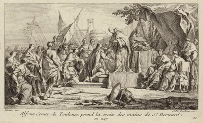 Alfons I, Count of Toulouse, takes the Cross from the hand of Bernard of Clairvaux, vowing to join the Second Crusade
