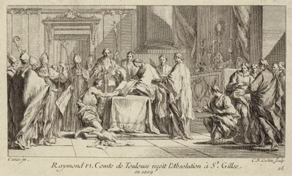 Raymond VI, Count of Toulouse, humbling himself at the Church of St Gilles in order to have his excommunication lifted