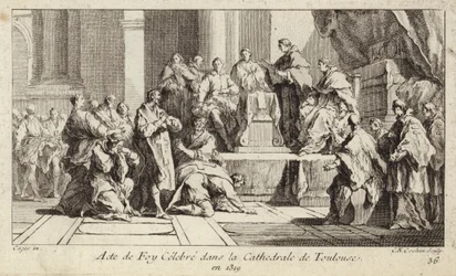 Repentant Cathars declaring their faith in the Catholic religion in Toulouse Cathedral, France