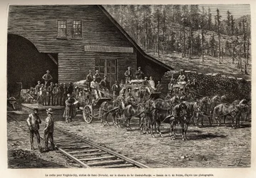 The Reno station, to take the ticket for Virginia City (Nevada), on the Central Pacific Railway (Central Pacific), engraved after the drawing of O. de Penne, illustrating the voyage from Washington to San Francisco, in 1868, by L. Simonin, published in “Le
