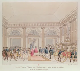 The descent of the Emperor and Empress from the carriage under the vestibule of the Tuileries Palace on the day of their marriage