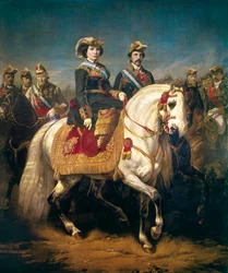 Military parade reviewed by Kings Isabella II of Spain