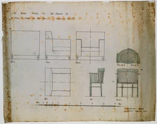Designs for an Upholstered Chair and a Spindle Chair Shown in Elevation and Plans