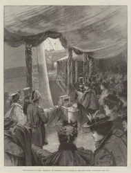 The Floating of HMS Majestic, at Portsmouth, on 31 January, Princess Louise christening the Ship