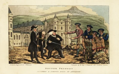 A Scottish mason informing English tourists that their rusty ancient falchion sword is a modern blade by Andrea Ferrara in front of Holyrood Palace, Edinburgh