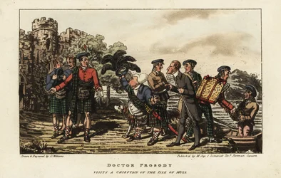 English tourist in a tartan kilt meeting a clan chieftain outside a medieval castle on the Isle of Mull, Inner Hebrides, Scotland