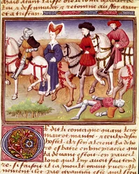 Queen Iseut is accompanied by riders. Miniature from 