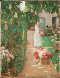 Gathering Flowers in a French Garden