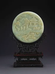 A White Jade Circular Table Screen Depicting Scholars Approaching a Pavilion