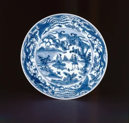 Blue and white dish painted with a sage and attendant, Wanli mark and period, 1573-90