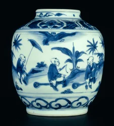 Blue and white jar painted with boys at play on hobbyhorses, Wanli or Chongzheng, 1600-30