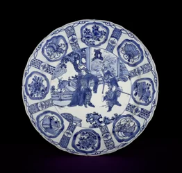 Blue and white kraak dish painted with warriors, Wanli, 1590-1610