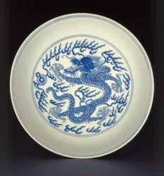 Blue and White Porcelain Dish Painted with a Dragon, Qianlong Mark and Period, 1736-1795