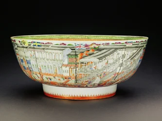 Bowl, decorated in mandarin palette with a scene of the Hongs in Canton, Quianlong Period, c.1770