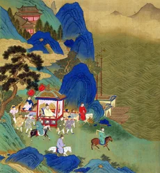 Emperor Chin Wang Ti travelling in a palanquin, from a history of Chinese emperors