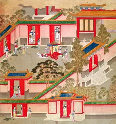 Emperor Wu Ti leaving his palace, from a history of Chinese emperors