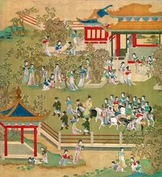Emperor Yang Ti strolling in his gardens with his wives