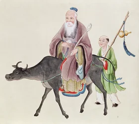 Lao-Tzu on his buffalo, followed by a disciple