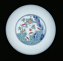 Porcelain Dish Painted in Underglaze Blue and Ducai Enamels, 1723-1735