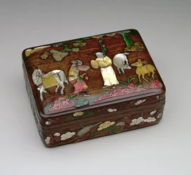 Rectangular tzu-tan box depicting an imperial messenger come to obtain the release of Su Wu