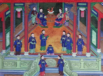 Scene depicting a Chinese imperial official at home seated with his wife