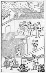 Scene of activities in a china factory, from a series of illustrations on the manufacture of china