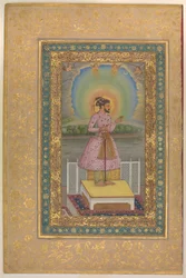 Shah Jahan on a Terrace, Holding a Pendant Set With His Portrait, Folio from the Shah Jahan Album