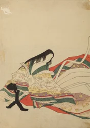 Lady of the Court Sitting in Front of a Black Table, Plate from the Album: Nishiki-zuri onna sanju rokkasen e-zukushi