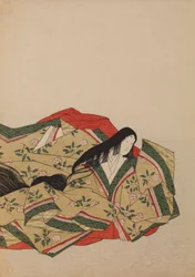 Court lady seated in an olive-grey robe with a cherry blossom motif, plate from the album: Nishiki-zuri onna sanju rokkasen e-zukushi