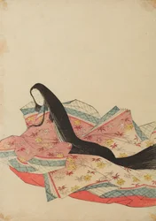 Court Lady Sitting, Turned Left, in Lilac-Pink Robe, Plate from Album: Nishiki-zuri onna sanju rokkasen e-zukushi