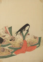 Lady of the Court Sitting, Turned Right in a Robe with Medallion Pattern, Plate from Album: Nishiki-zuri onna sanju rokkasen e-zukushi