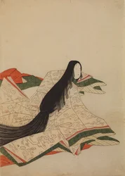 Lady-in-waiting in a Pink Kimono with Cherry Blossom Pattern on Waves, Plate from Album: Thirty-six Female Poets