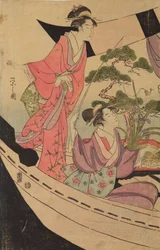 Two Women in a Boat with a Fish Caught on a Line