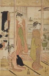 Two Standing Women and a Girl in an Interior with a View of a Lake