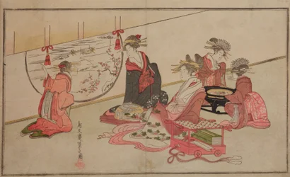 Courtesans Sitting Inside by an Oval Window with a Winter Landscape