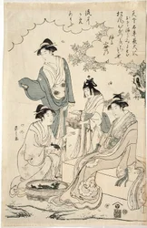 Ladies Viewing Cherry Blossoms beside a Stream
