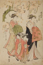 Oiran Renzan from the Tawaraya House with Companion and Two Kamuro Chidori and Tatsuta