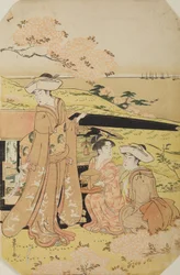 Three ladies by a palanquin