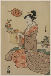 Woman Holding a Wooden Cup Stand Decorated with Chrysanthemums, mid 1790s