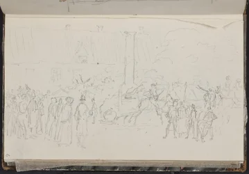 Firefighters, Fire Engine, and Spectators at a Fire