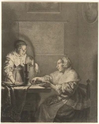Interior with Lady and Maid by Candlelight