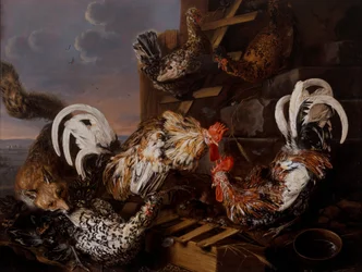 A farmyard scene with a fox attacking bantams