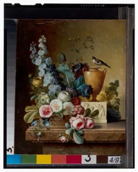 A Vase of Flowers on a Marble Ledge & A Basket of Flowers with a Goldfinch