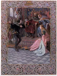 Hamlet before King Claudius, Queen Gertrude and Ophelia, scene from 