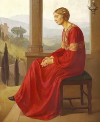 A Woman in a Red Dress Sitting on a Terrace in an Italian Landscape
