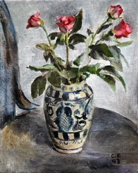 Pink Roses In A Painted Pot