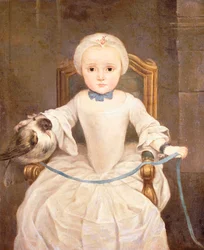 A Young Girl Seated, three-quarter length, wearing an Ivory Dress and Bonnet with a Pigeon