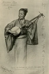 Woman playing the shamisen, Mentaki Falls, Kobe, Japan, 1898