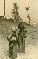 Women carrying water pots on the banks of the Nile, Cairo, Egypt