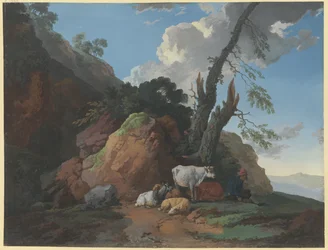 Rocky landscape with a shepherd, two cows, two sheep and a goat